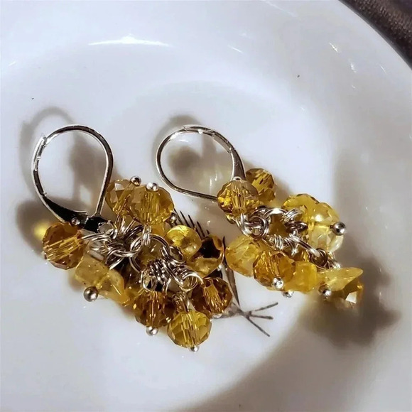 Handcrafted Natural Citrine Gemstone Czech Crystal Beads Silver Plated Earrings - Picture 8 of 13